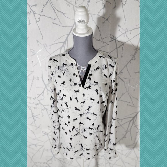Kensie White Horses Printed V-Neck Blouse w/ Drapey Back - Picture 1 of 4